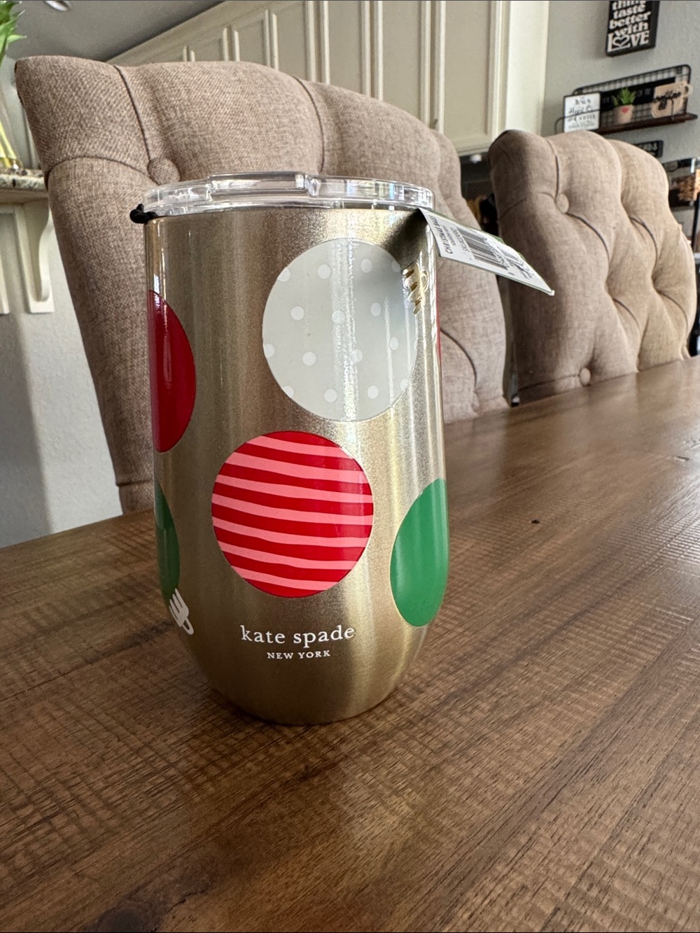 kate spade Gold Tumbler with Red, Green and White Polka Dots